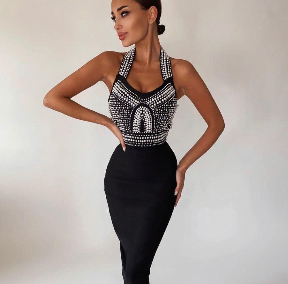 Pearl Beaded Halter Backless Bodycon Dress REBECATHELABEL