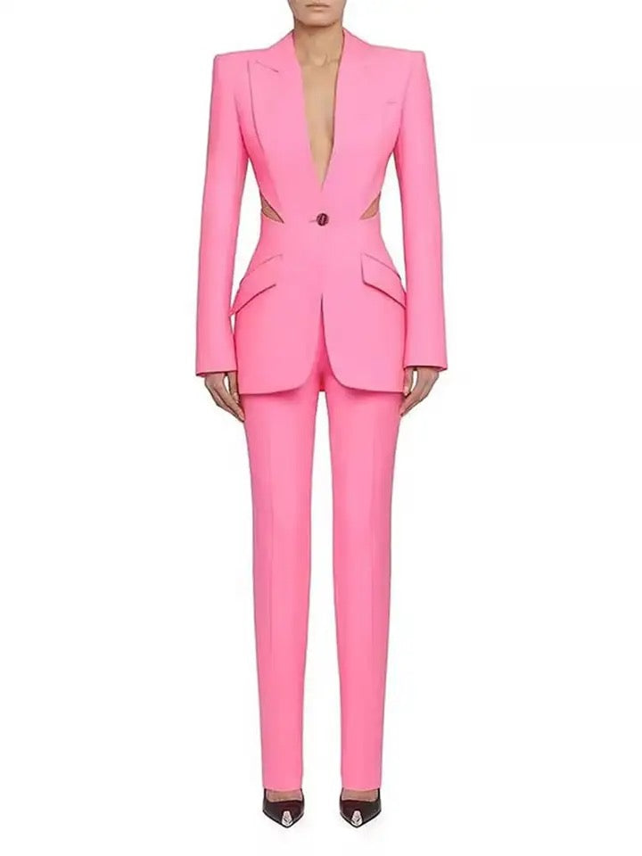 Pink Hollow out Blazer Pants Set REBECATHELABEL