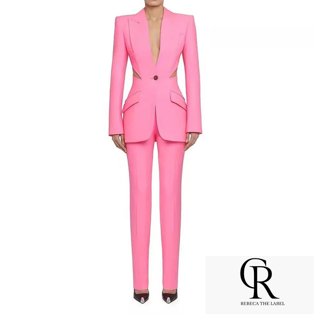 Pink Hollow out Blazer Pants Set REBECATHELABEL