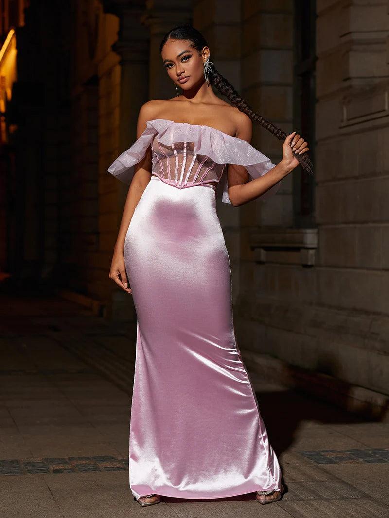 Pink Off Shoulder Corset Skirt Set REBECATHELABEL