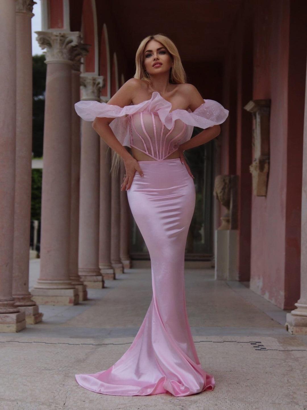 Pink Off Shoulder Corset Skirt Set REBECATHELABEL