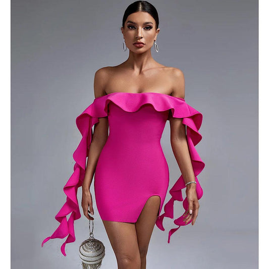 Pink Ruffled Off The-shoulder Mini Bandage Dress REBECATHELABEL