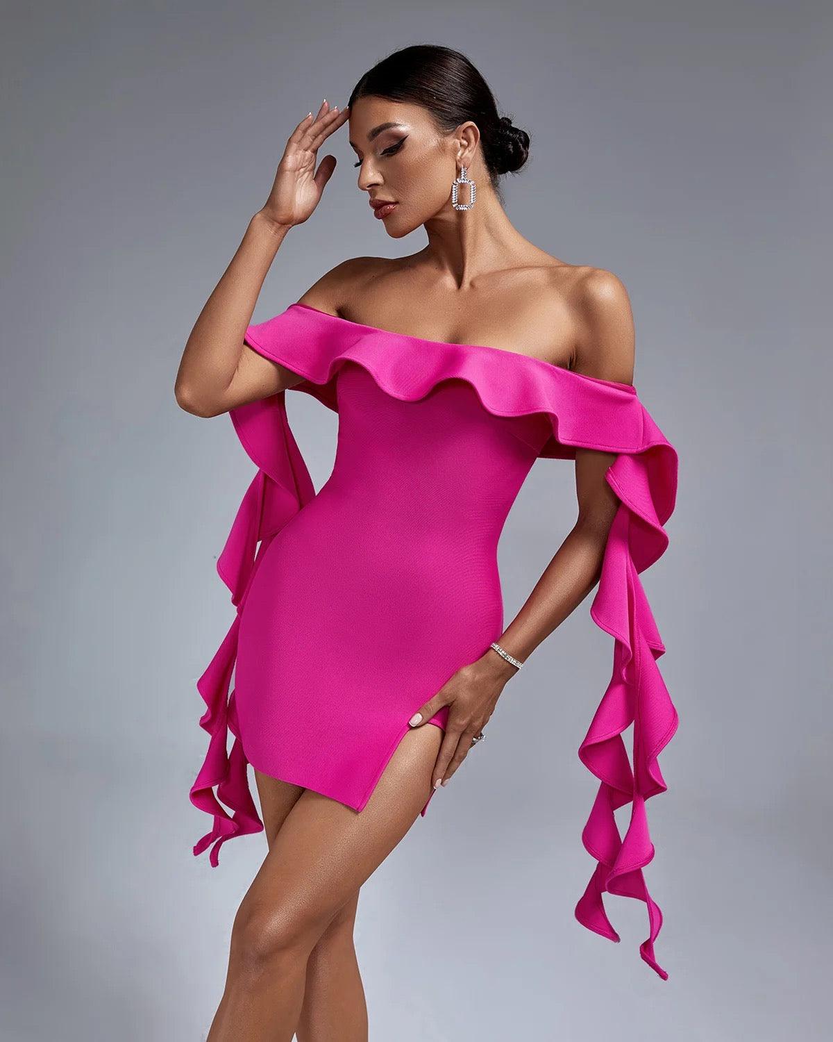 Pink Ruffled Off The-shoulder Mini Bandage Dress REBECATHELABEL