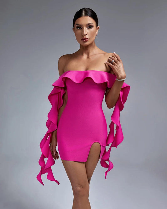 Pink Ruffled Off The-shoulder Mini Bandage Dress REBECATHELABEL