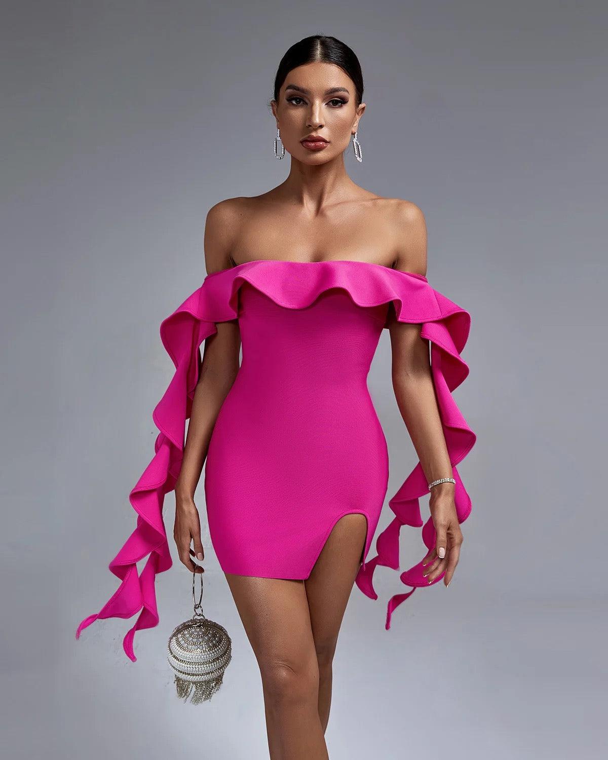 Pink Ruffled Off The-shoulder Mini Bandage Dress REBECATHELABEL