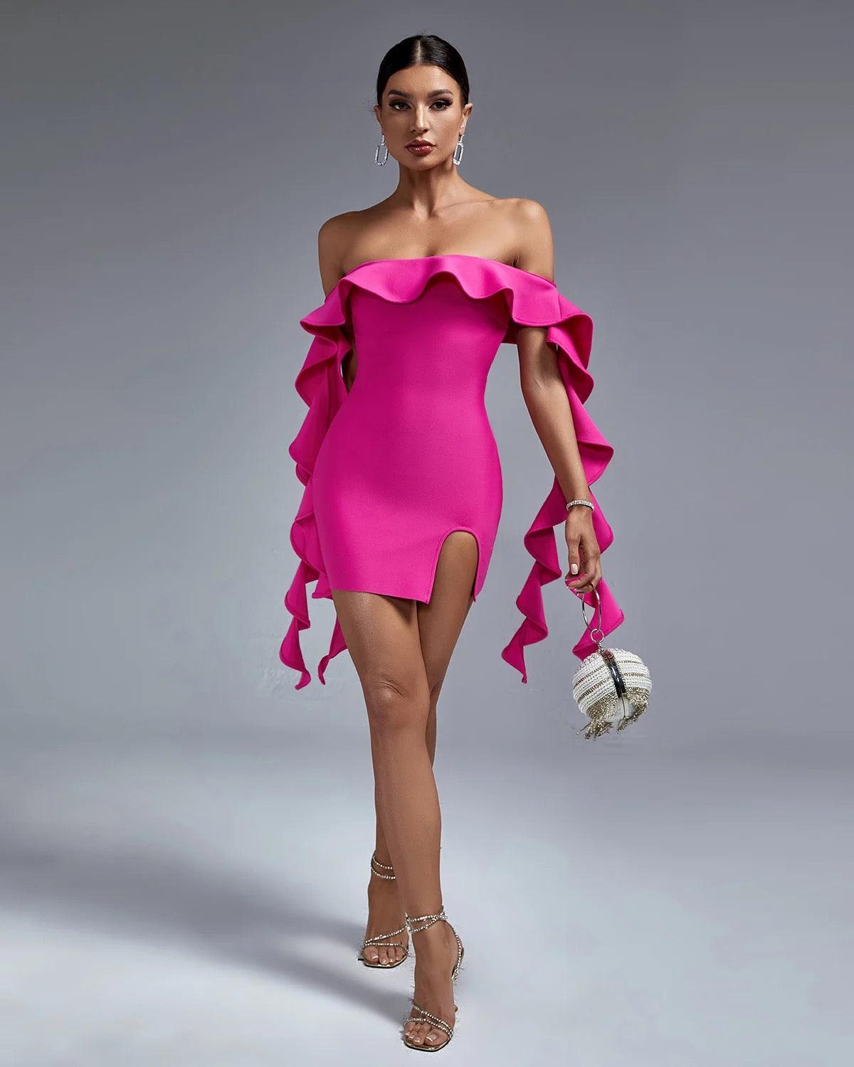 Pink Ruffled Off The-shoulder Mini Bandage Dress REBECATHELABEL