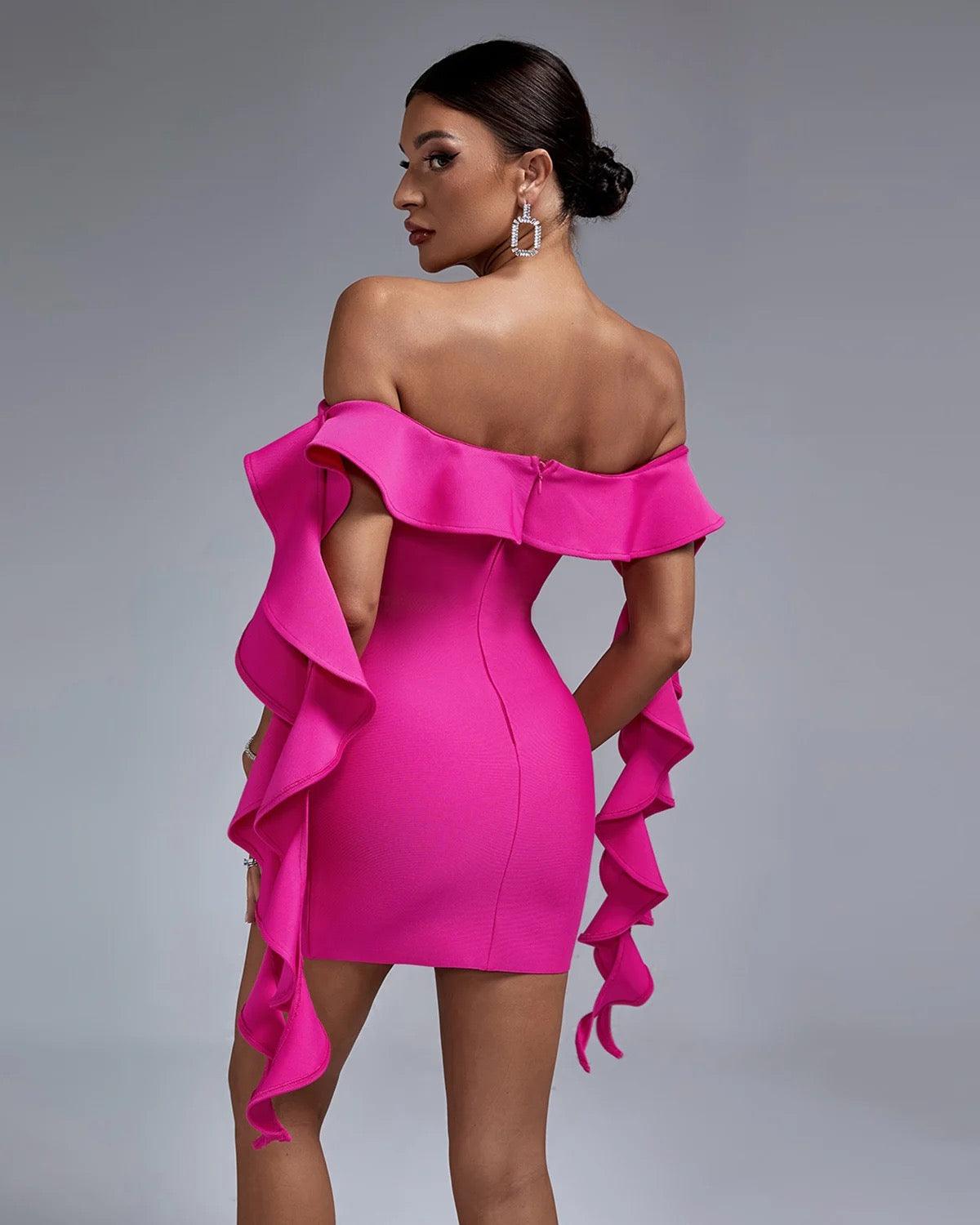 Pink Ruffled Off The-shoulder Mini Bandage Dress REBECATHELABEL