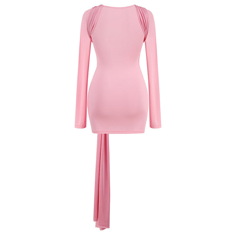 Pink Sexy Long Sleeve Round Neck Tight Pleated Mini Dress REBECATHELABEL