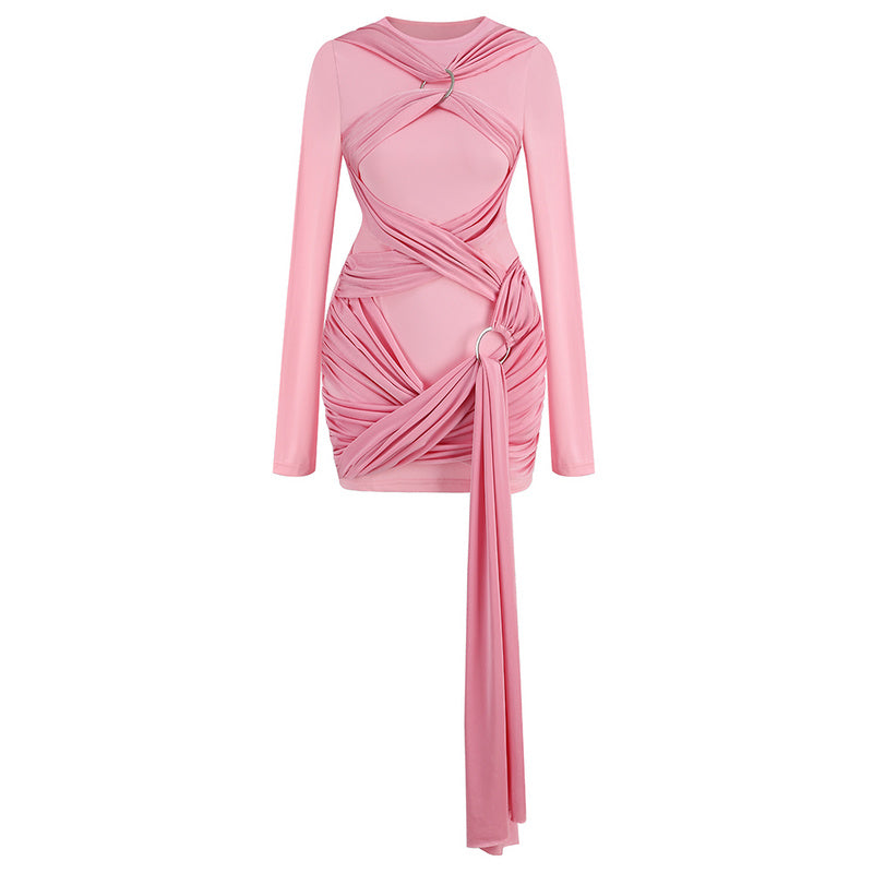 Pink Sexy Long Sleeve Round Neck Tight Pleated Mini Dress REBECATHELABEL