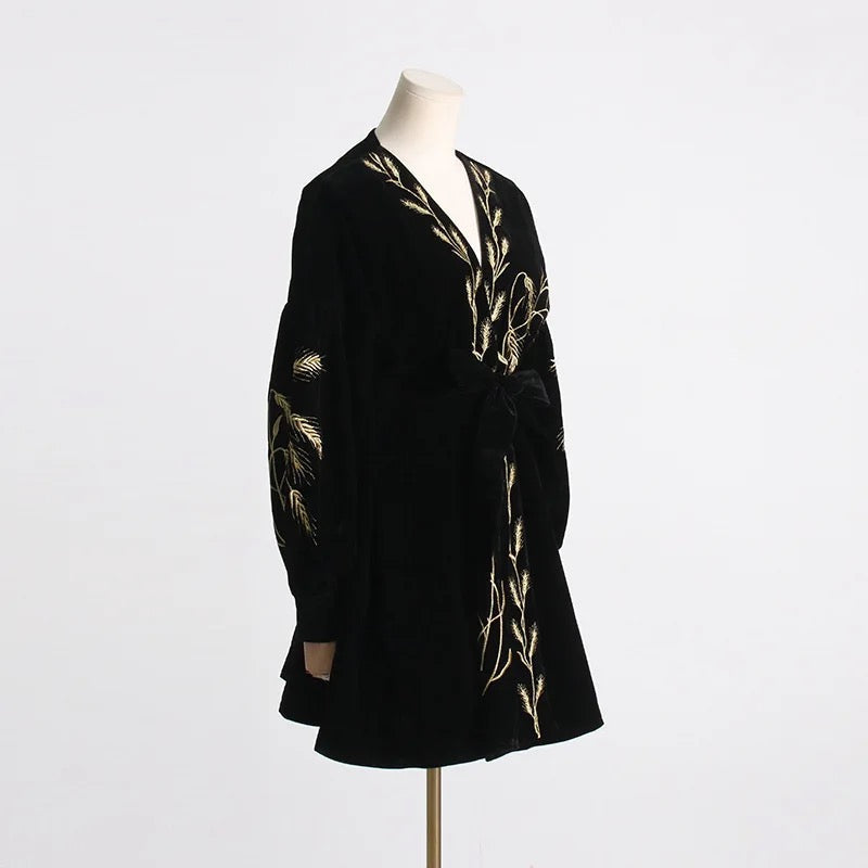 Plants Embroidered Velvet Coat Dress REBECATHELABEL