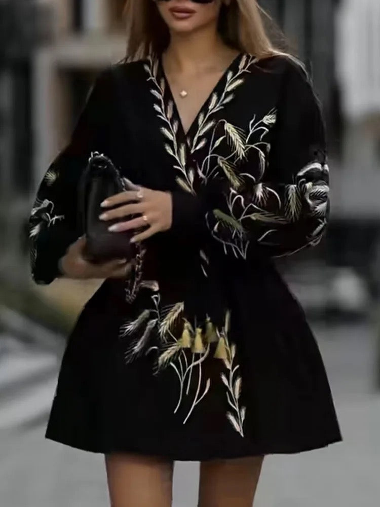 Plants Embroidered Velvet Coat Dress REBECATHELABEL