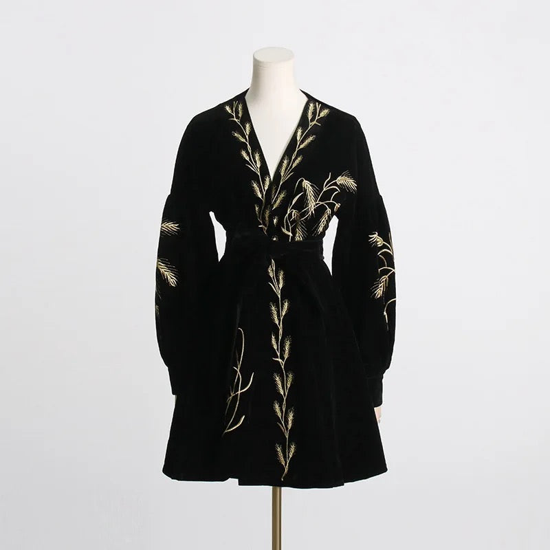 Plants Embroidered Velvet Coat Dress REBECATHELABEL