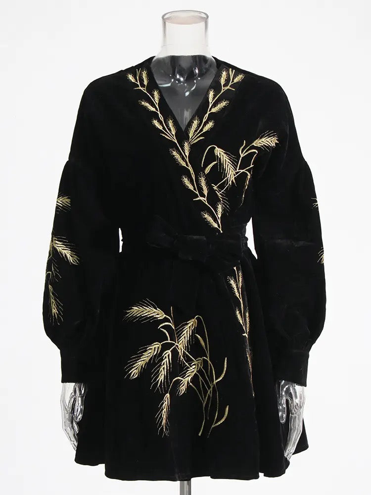 Plants Embroidered Velvet Coat Dress REBECATHELABEL