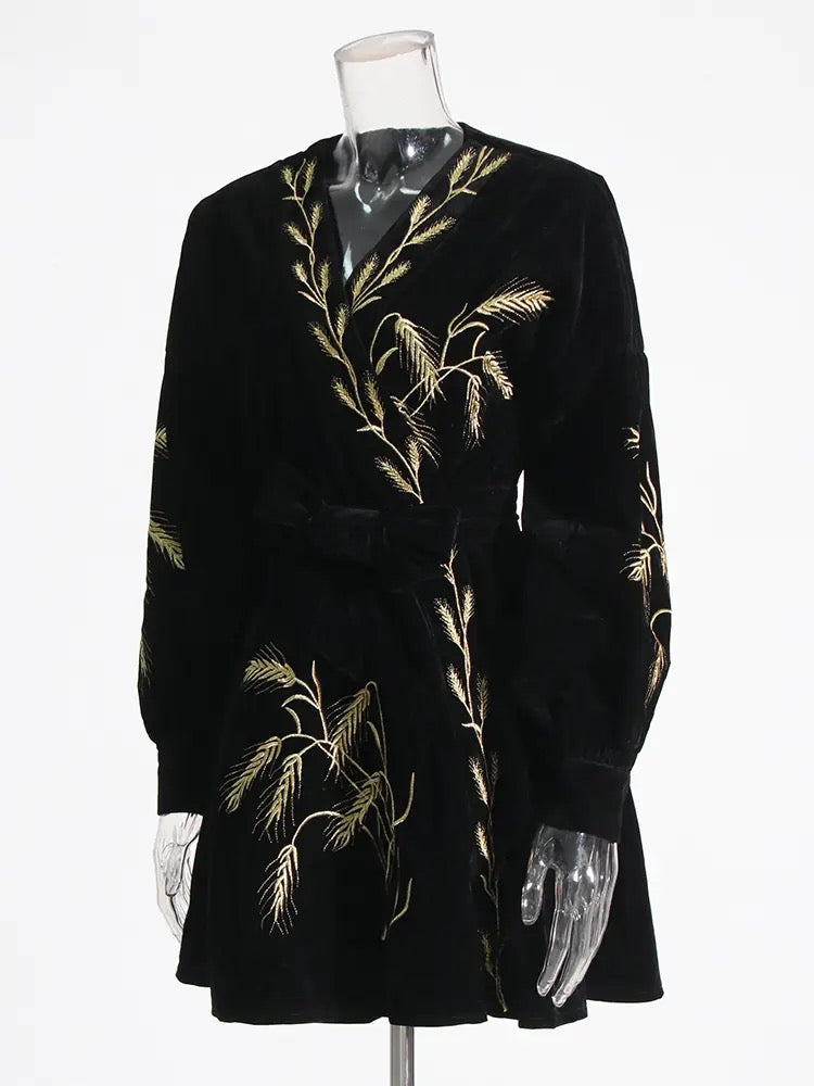 Plants Embroidered Velvet Coat Dress REBECATHELABEL