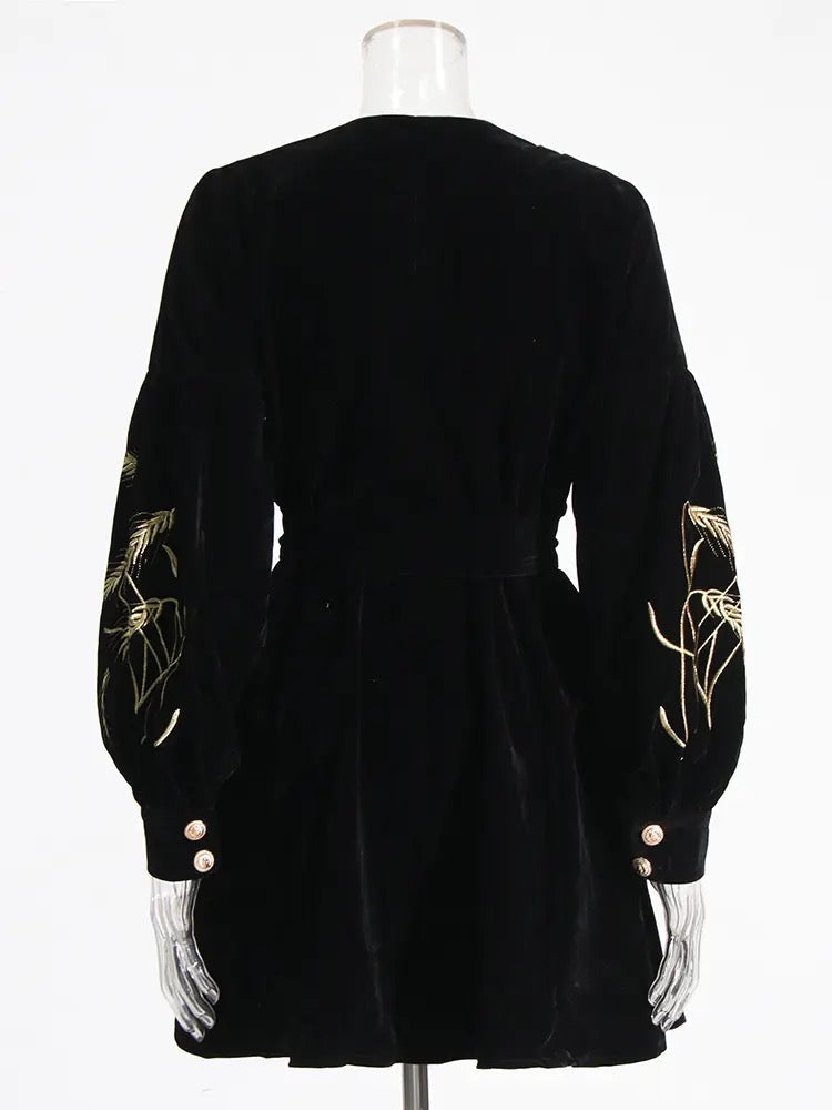 Plants Embroidered Velvet Coat Dress REBECATHELABEL