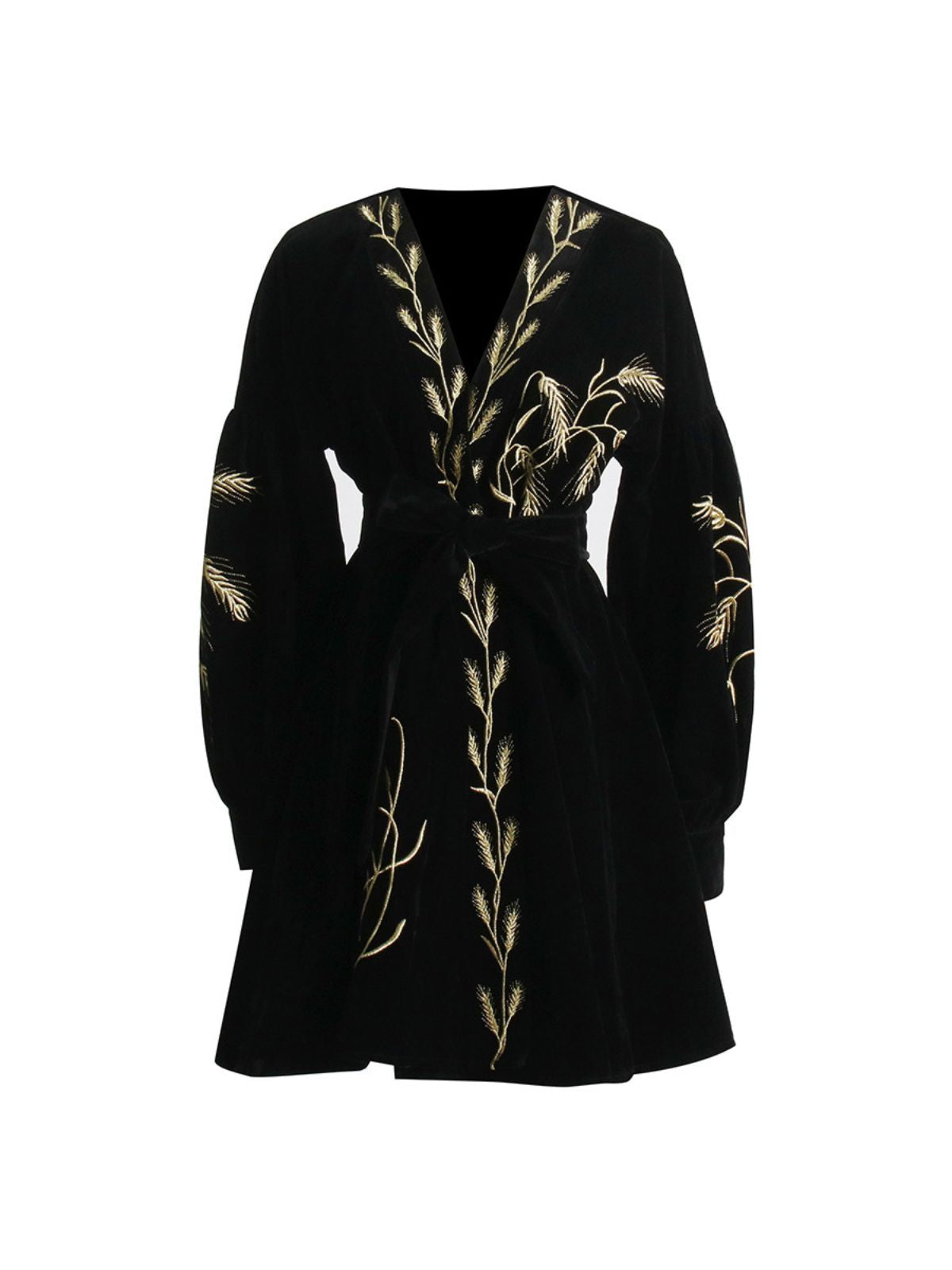 Plants Embroidered Velvet Coat Dress REBECATHELABEL