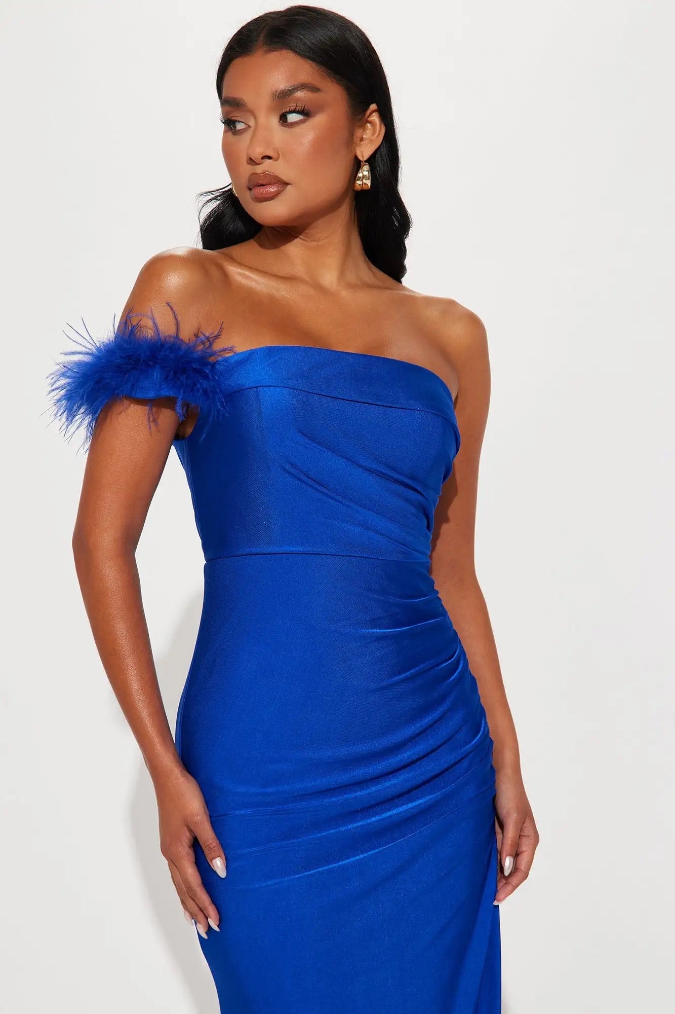 Pleated Chiffon High Split Ruched feather Evening Dress REBECATHELABEL