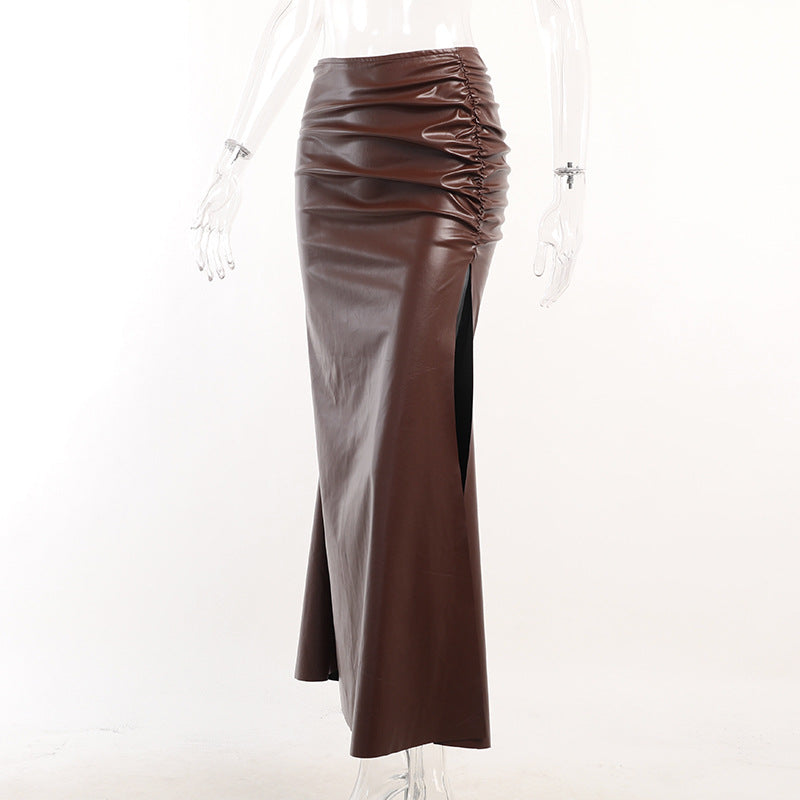 Pleated Faux Leather Cropped Top Tight Split Hip Skirt Set REBECATHELABEL