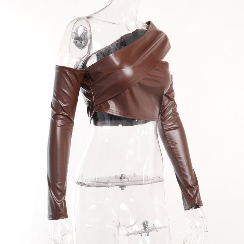 Pleated Faux Leather Cropped Top Tight Split Hip Skirt Set REBECATHELABEL