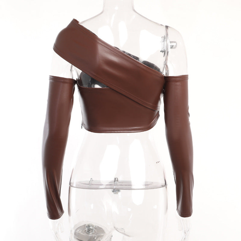 Pleated Faux Leather Cropped Top Tight Split Hip Skirt Set REBECATHELABEL