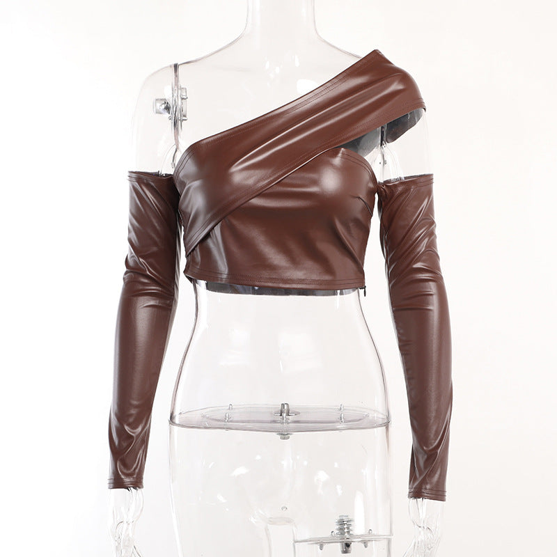 Pleated Faux Leather Cropped Top Tight Split Hip Skirt Set REBECATHELABEL