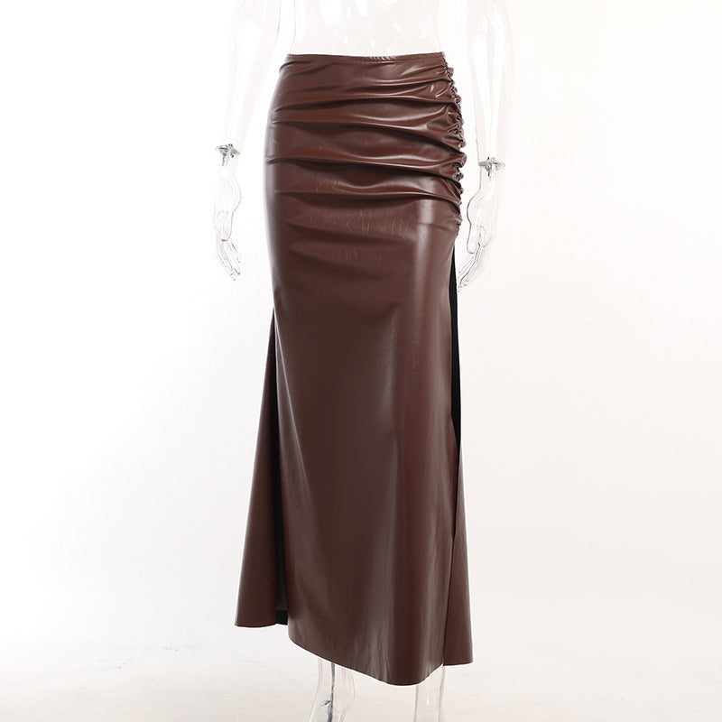 Pleated Faux Leather Cropped Top Tight Split Hip Skirt Set REBECATHELABEL