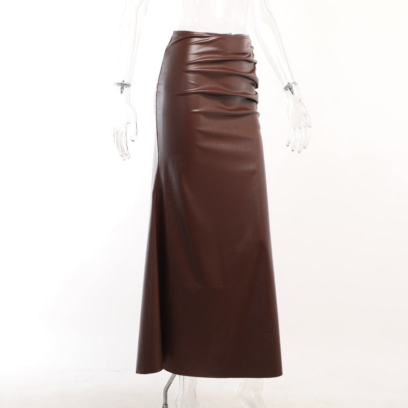 Pleated Faux Leather Cropped Top Tight Split Hip Skirt Set REBECATHELABEL