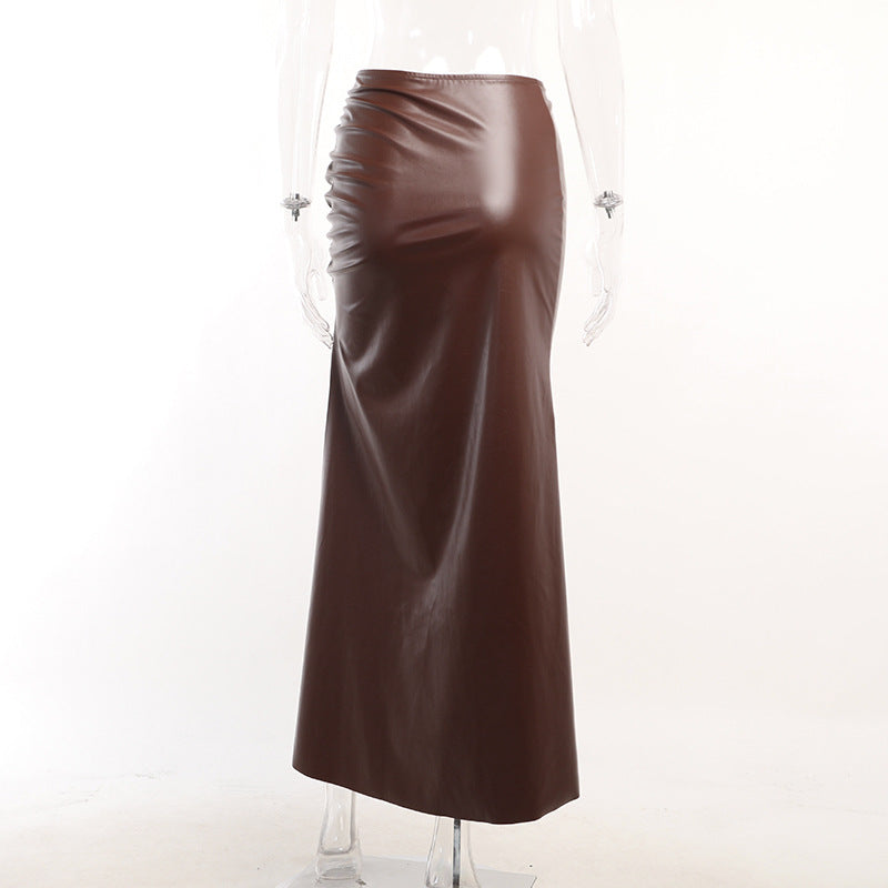 Pleated Faux Leather Cropped Top Tight Split Hip Skirt Set REBECATHELABEL