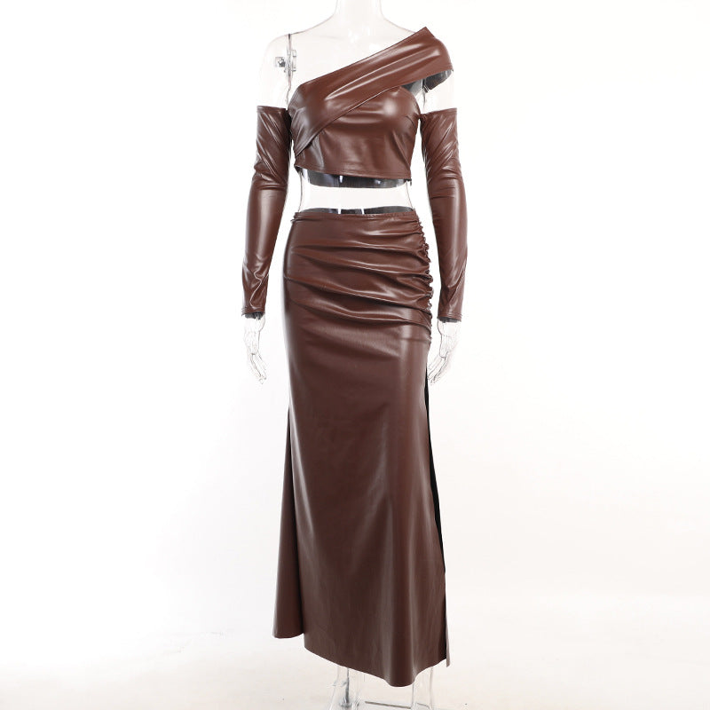 Pleated Faux Leather Cropped Top Tight Split Hip Skirt Set REBECATHELABEL