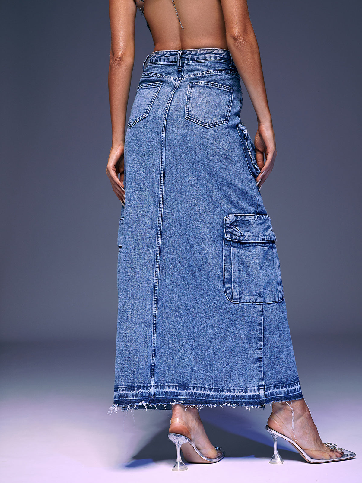 Pocket Split Denim Skirt In Blue REBECATHELABEL