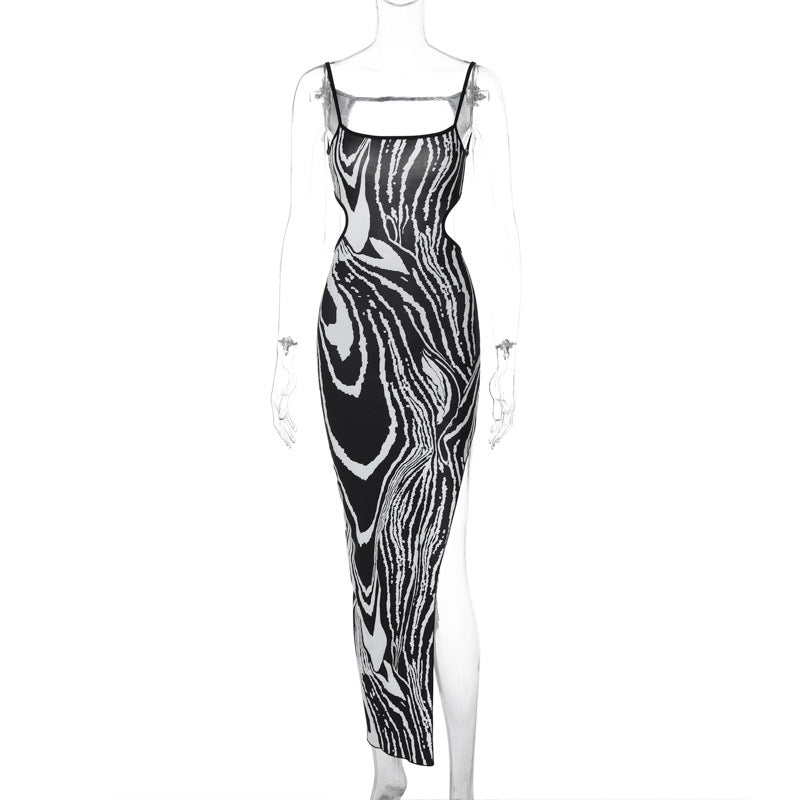 Print Sexy Backless Hollow Out Cutout out Split Sling Dress REBECATHELABEL