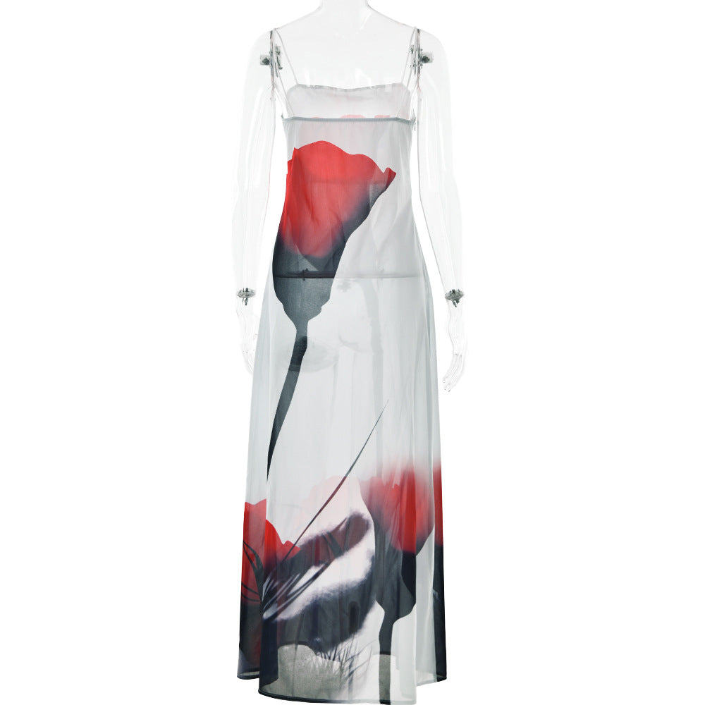 Printed See through Strap Dress Sexy off Neck Waist Maxi Dress REBECATHELABEL