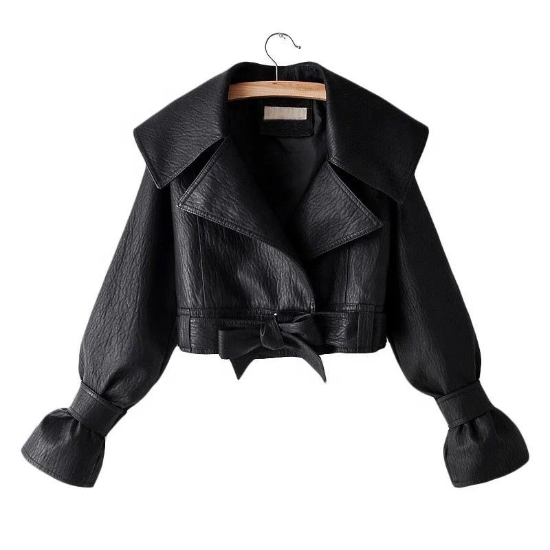 Pu Leather Jackets Short Coat Turndown Collar Belt Lace REBECATHELABEL