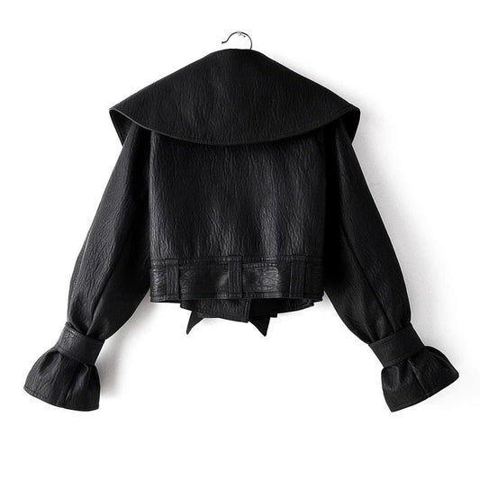 Pu Leather Jackets Short Coat Turndown Collar Belt Lace REBECATHELABEL