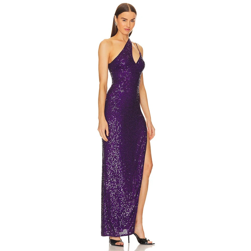 Purple Sequins Sexy One Shoulder Sleeveless High Split Long Dress REBECATHELABEL