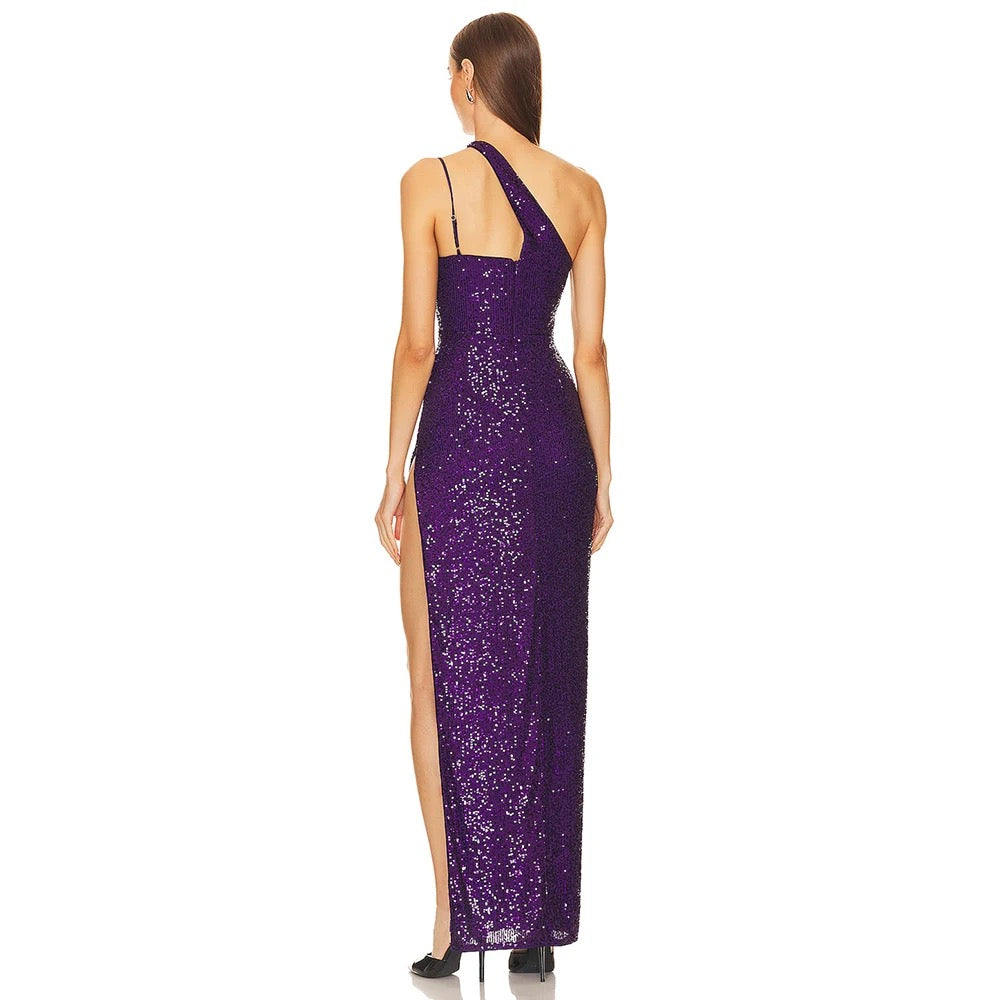 Purple Sequins Sexy One Shoulder Sleeveless High Split Long Dress REBECATHELABEL