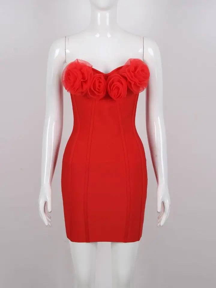 Red Flower Strapless Sexy Backless Tight Mini dress REBECATHELABEL