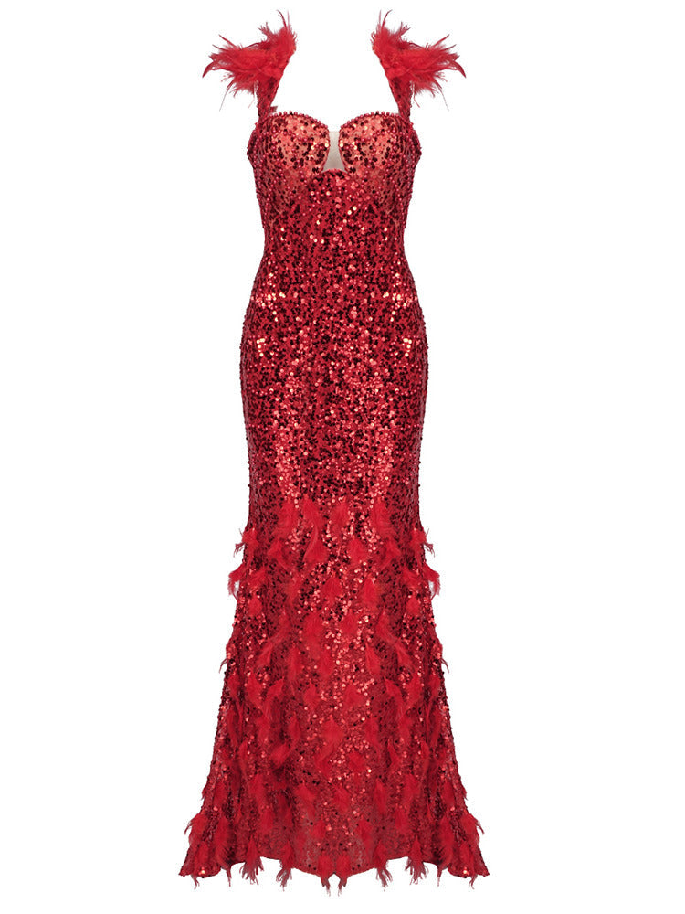 Red Glitter Sequins Maxi Dress REBECATHELABEL