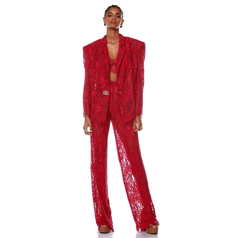 Red Sexy Lace Suit Coat Tight Pants REBECATHELABEL