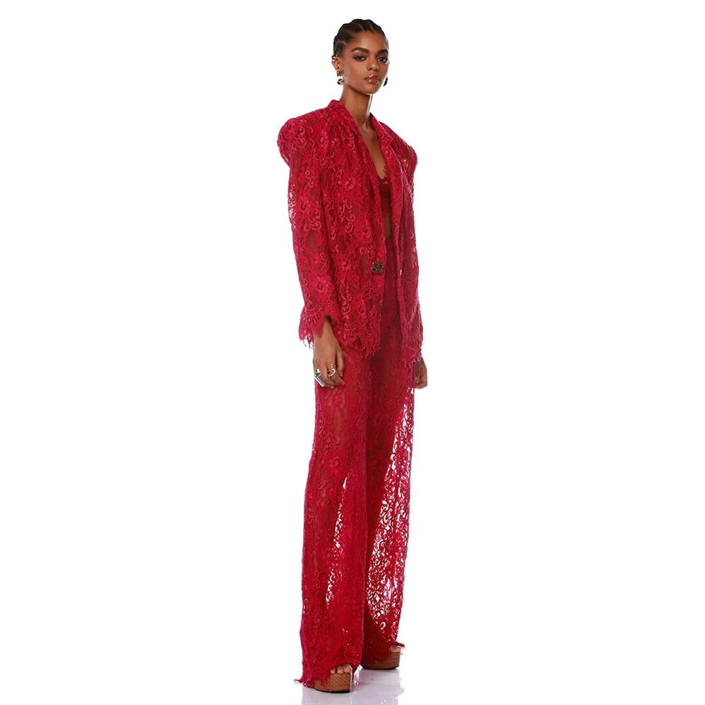 Red Sexy Lace Suit Coat Tight Pants REBECATHELABEL