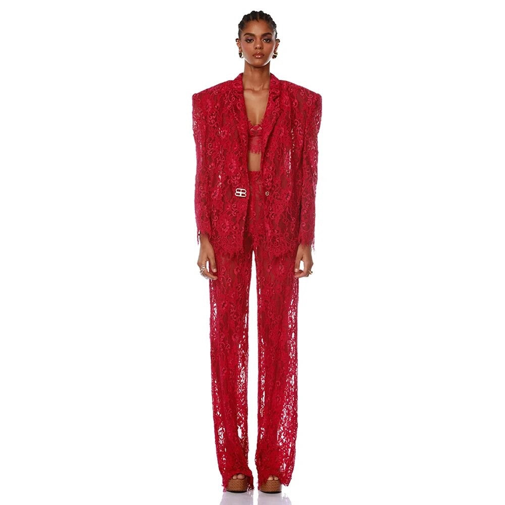 Red Sexy Lace Suit Coat Tight Pants REBECATHELABEL