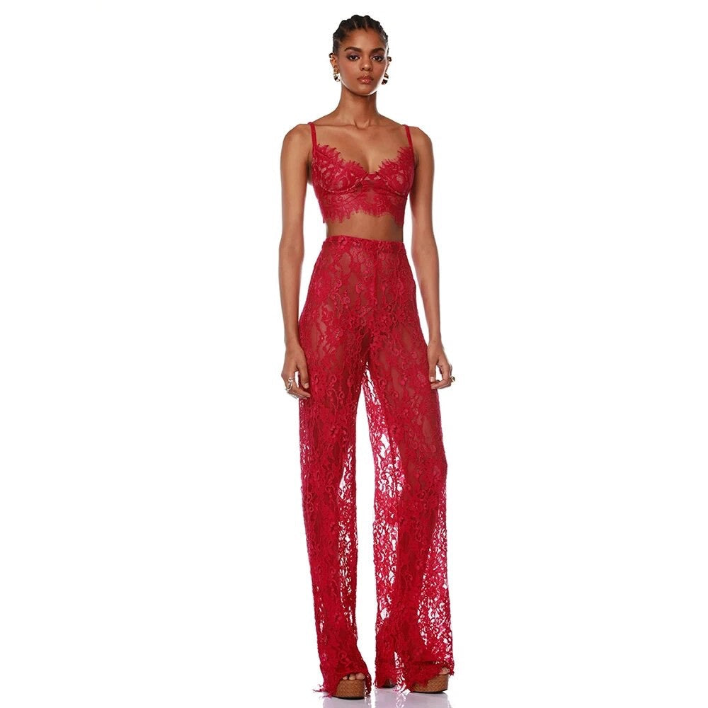 Red Sexy Lace Suit Coat Tight Pants REBECATHELABEL