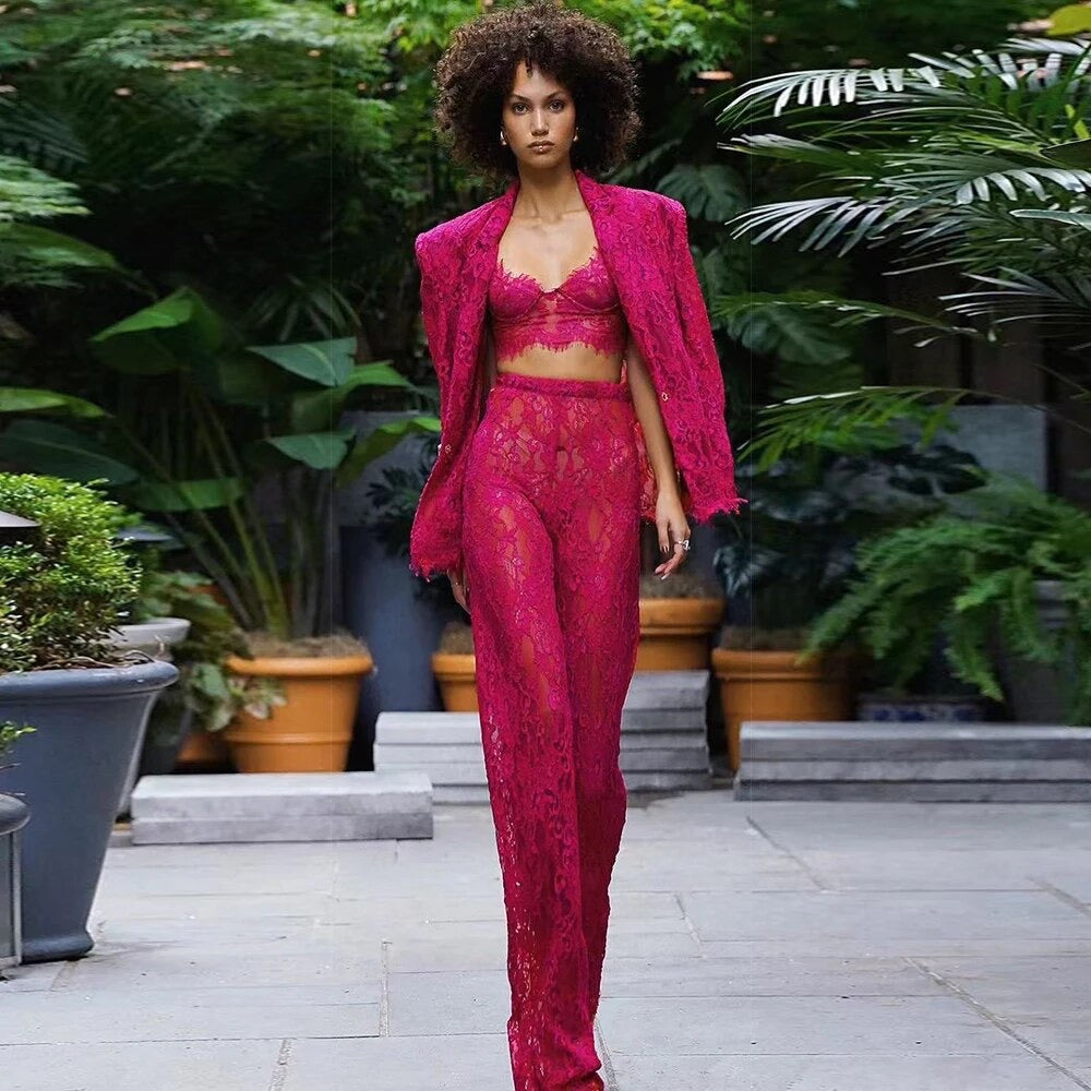 Red Sexy Lace Suit Coat Tight Pants REBECATHELABEL