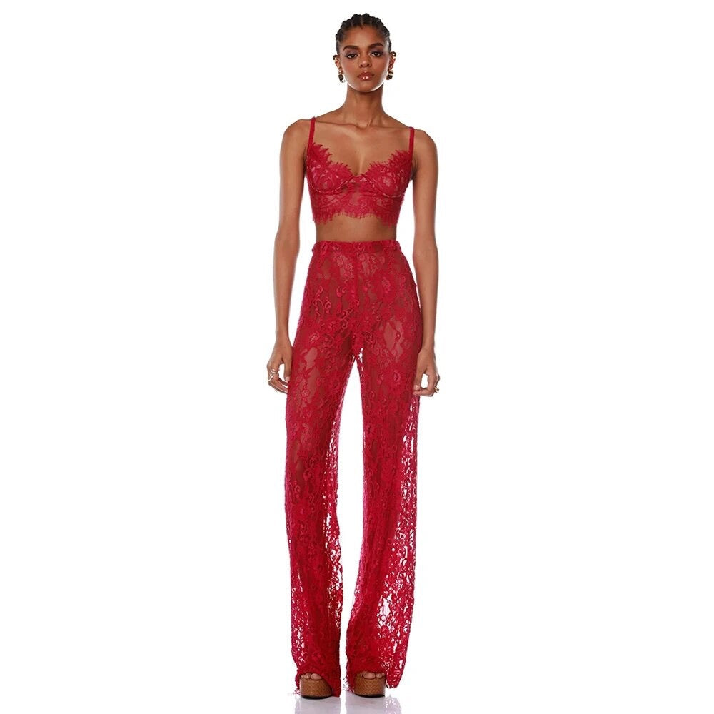 Red Sexy Lace Suit Coat Tight Pants REBECATHELABEL