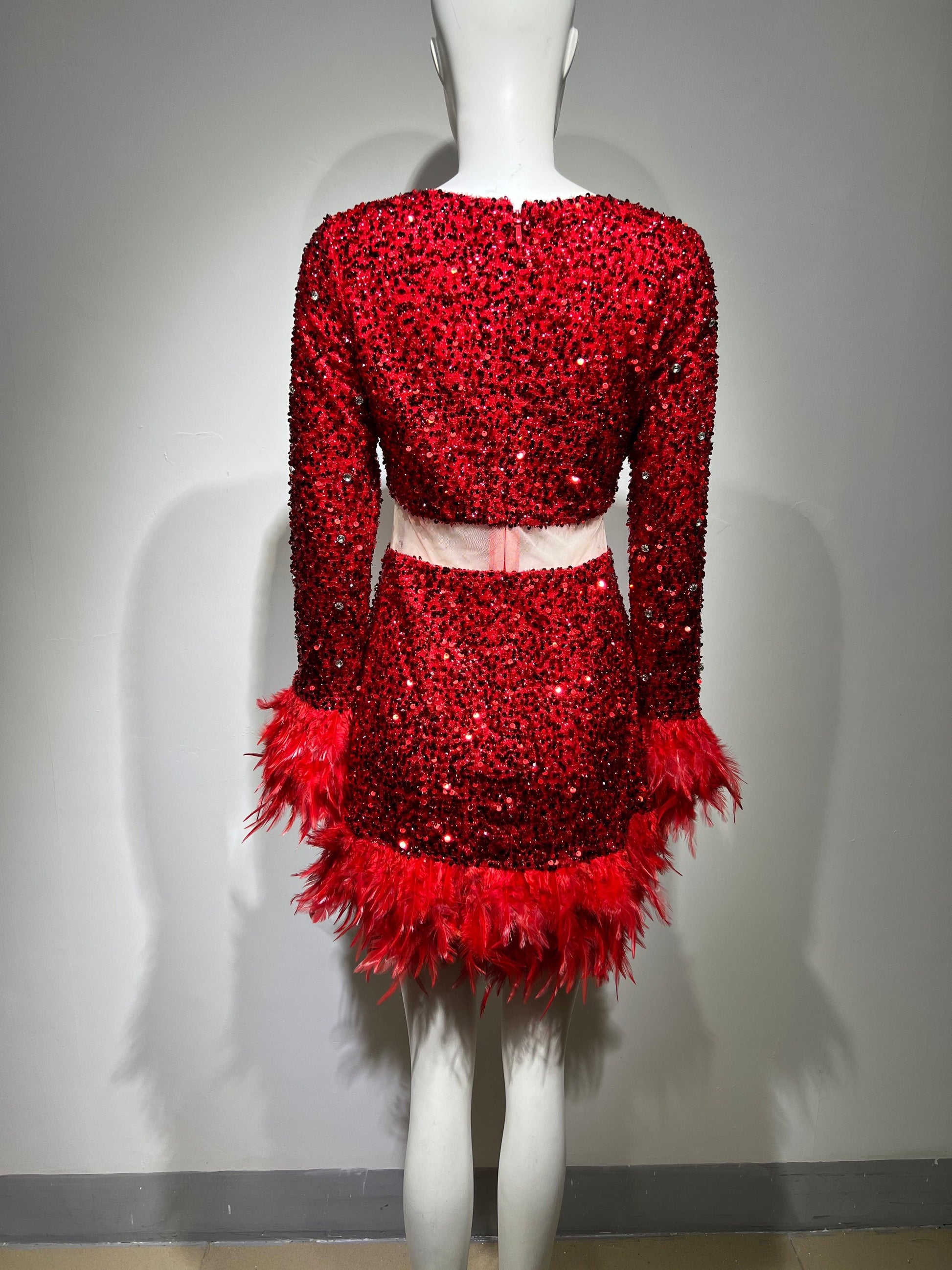 Red feather dress REBECATHELABEL