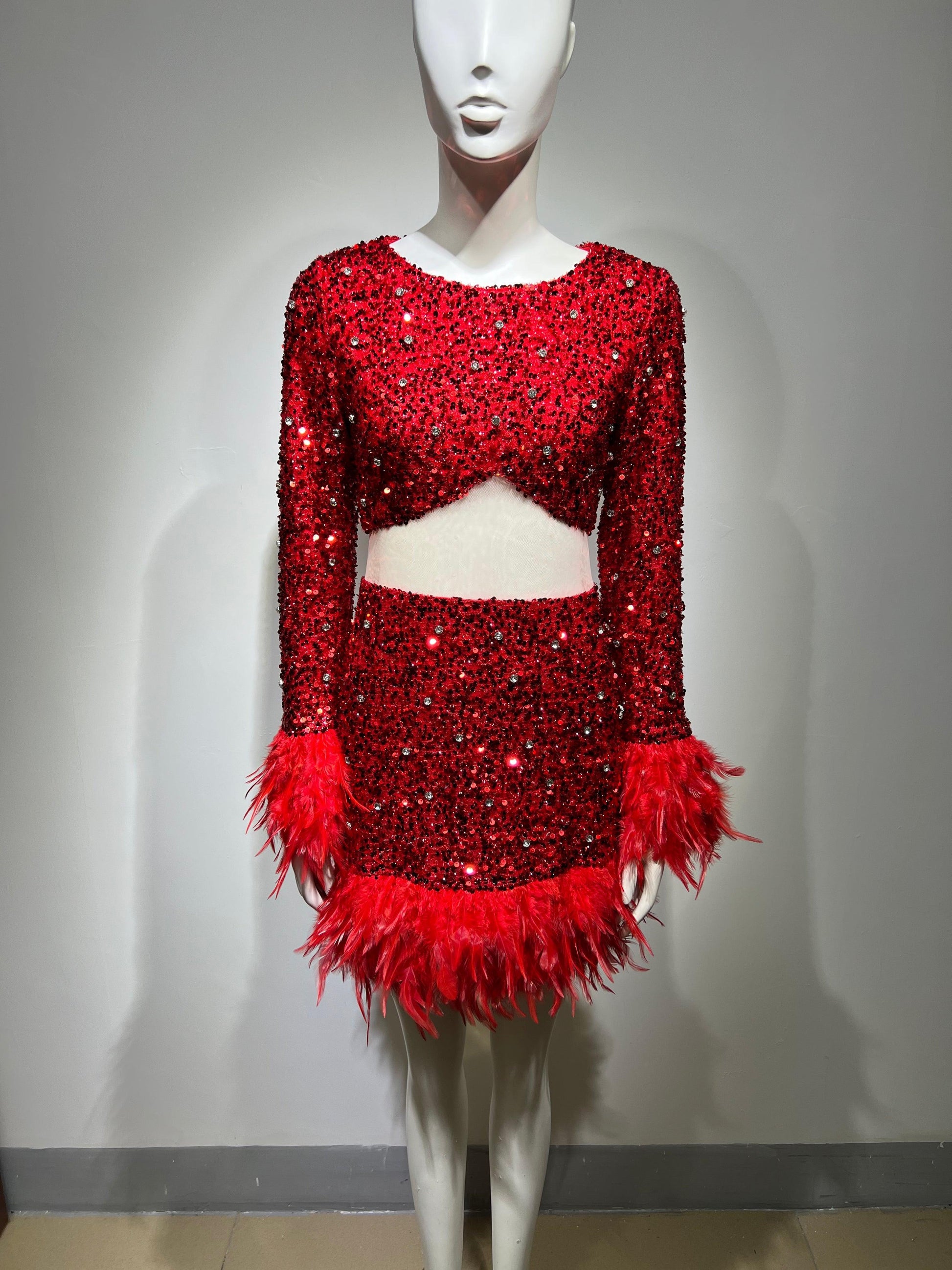 Red feather dress REBECATHELABEL