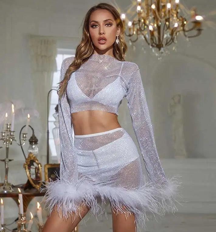 Rhinestone Mesh Long Sleeve Furry set REBECATHELABEL