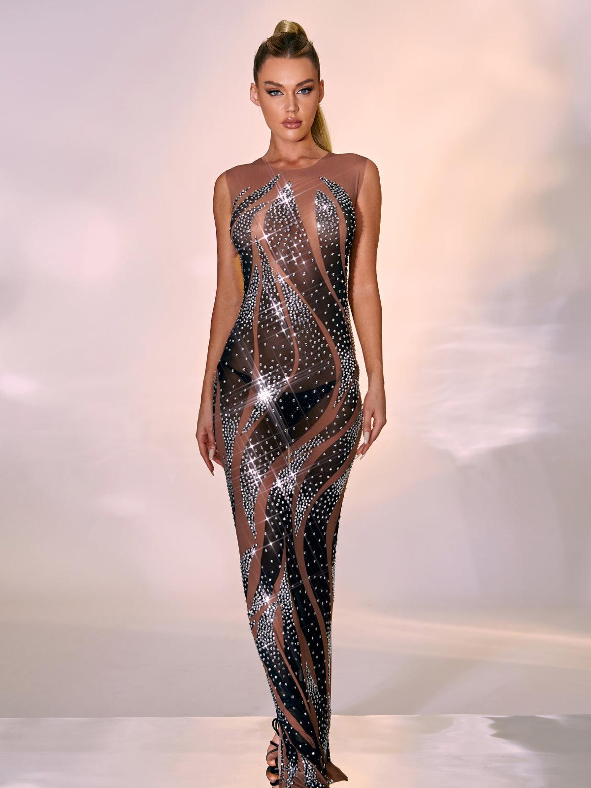 Rhinestone Mesh Maxi Dress REBECATHELABEL