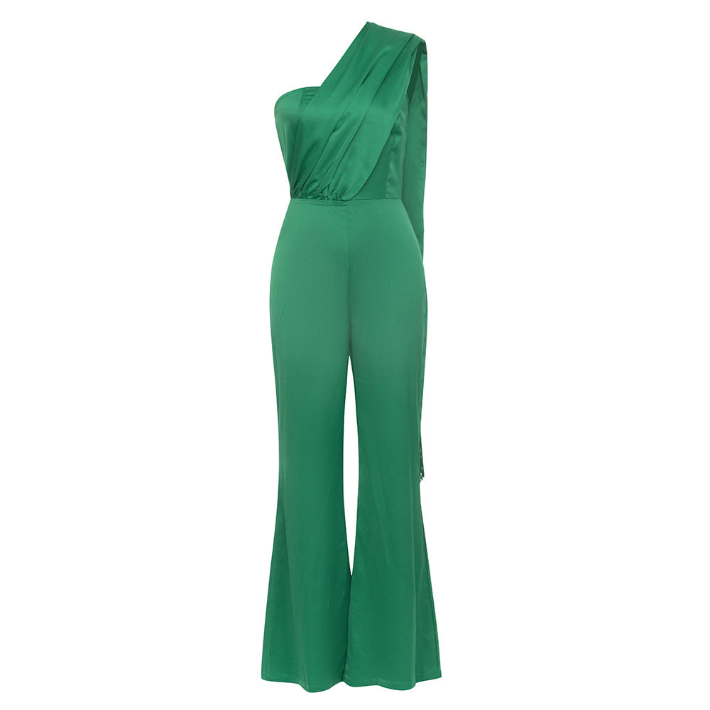 Ribbon Tassels Slim Fit Oblique Shoulder Jumpsuit REBECATHELABEL