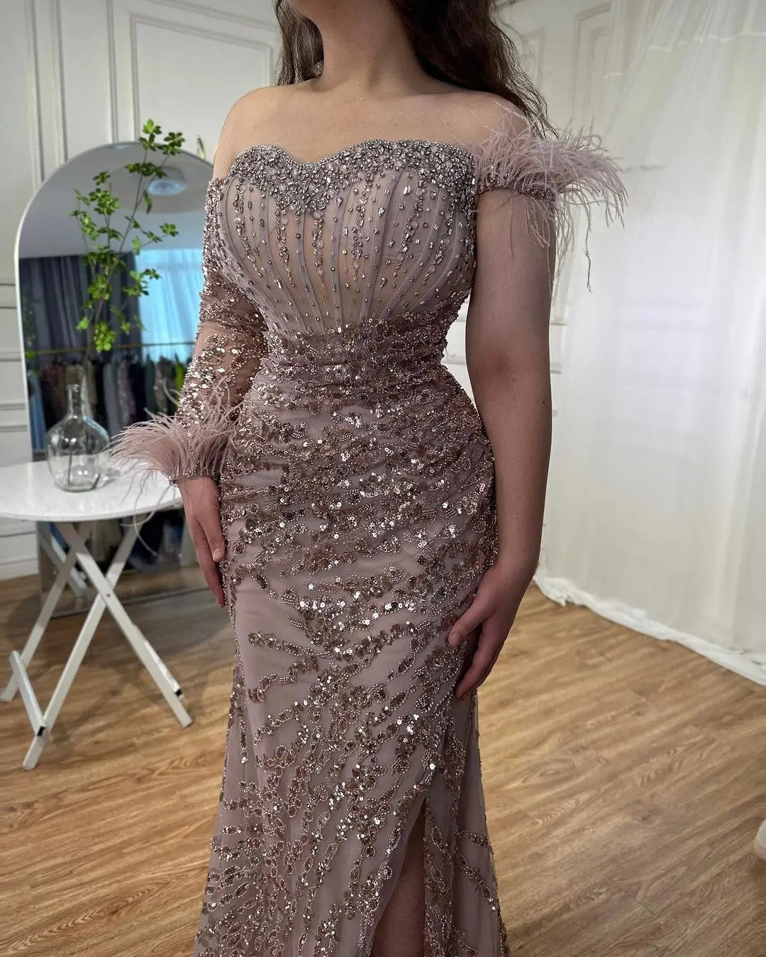 Rose Gold Off Shoulder One Sleeve Mermaid Feathers Evening Dress REBECATHELABEL